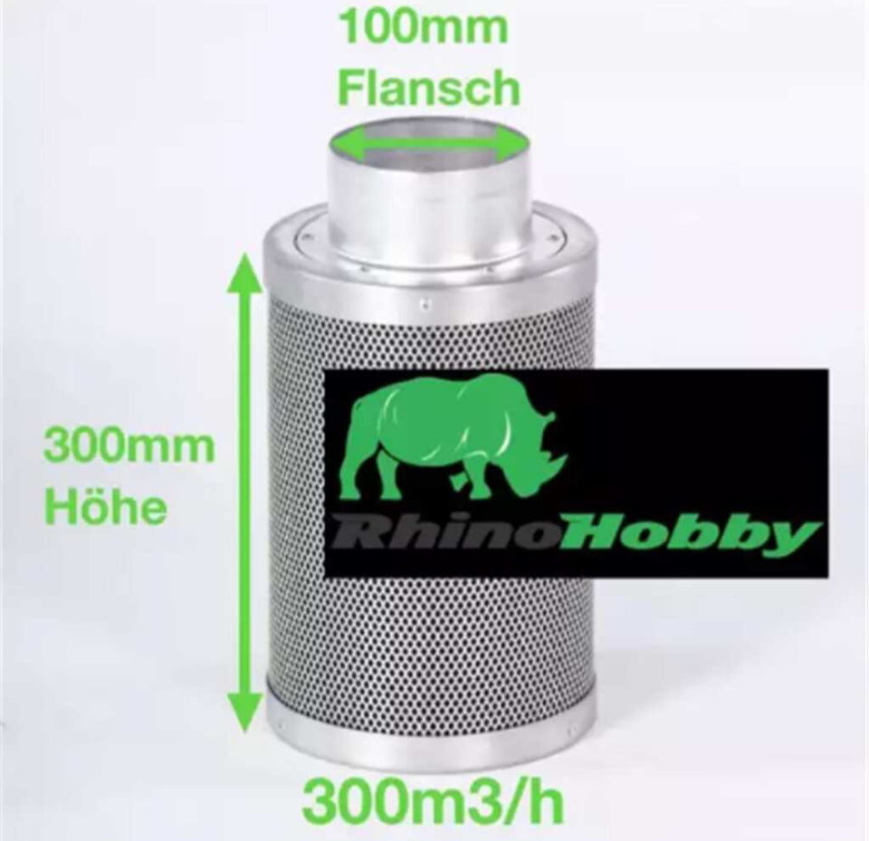 Aktivkohlefilter 100mm x 300mm | Rhino Hobby 225 | 100mm Flansch | 150 - 300m³/h