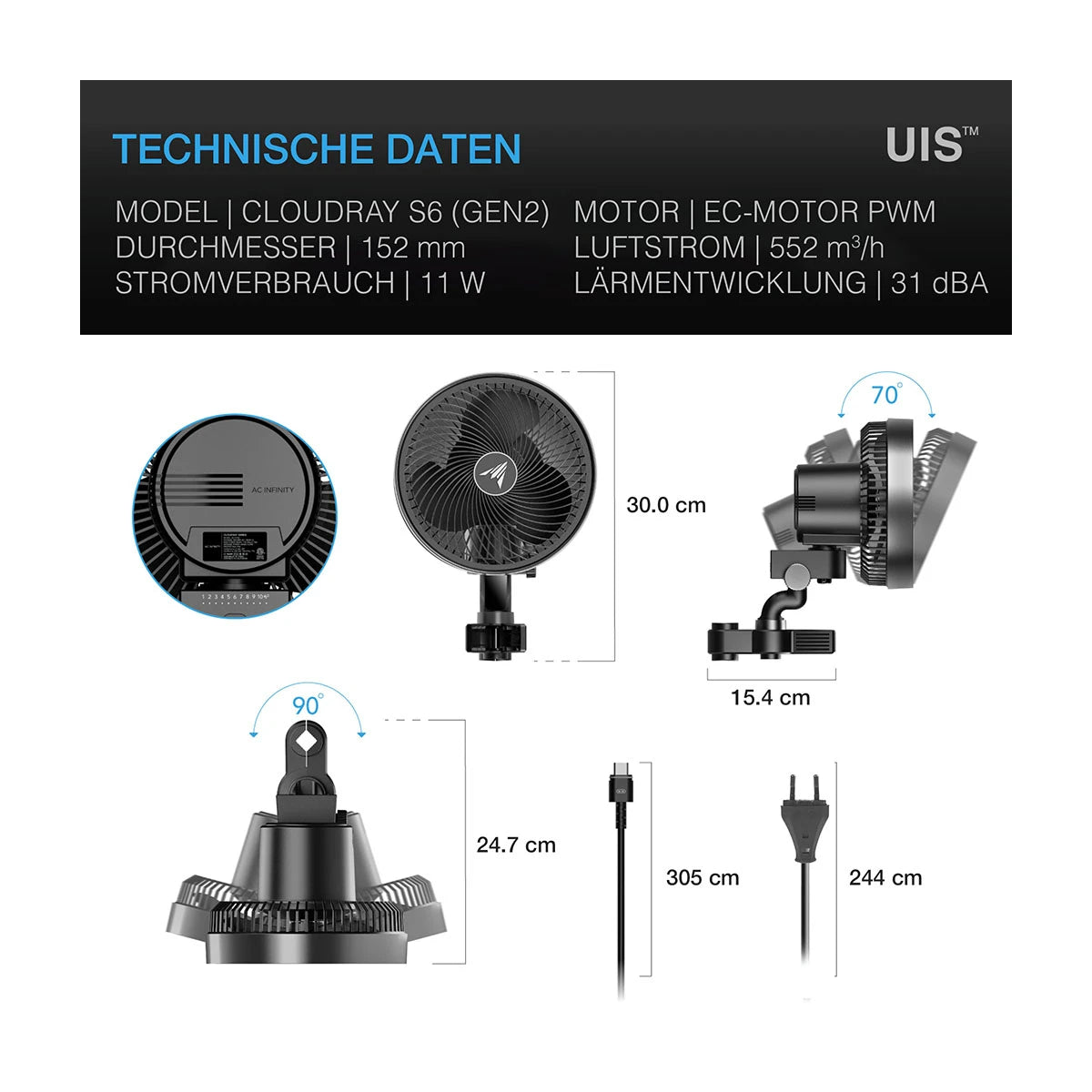 CLOUDRAY S6, GEN 2, Growzelt-Clip-Ventilator 150 mm, EC-Motor, automatische Oszillation, 10-stufigen dynamischen Windmodi und Lüftergeschwindigkeiten