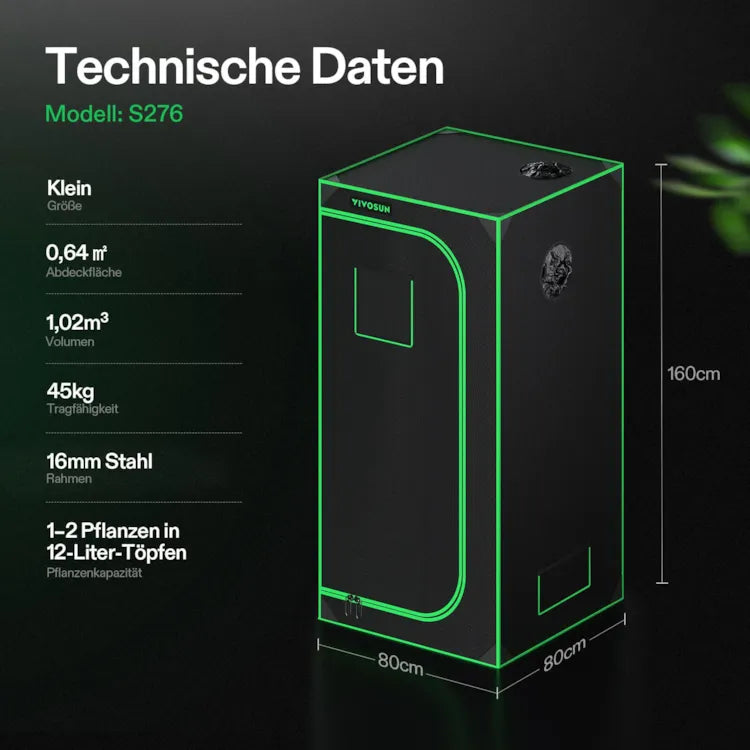 Growbox 80x80x160cm S276, für 1-2 Pflanzen, 600D lichtdichtes Oxford-Gewebe, für den Indoor-Pflanzenanbau