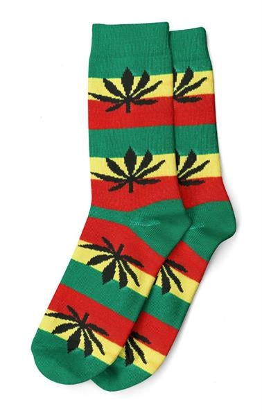 Socken, lang, Herren, Gr. 40-45, rastafarben mit schwarzen Hanfblättern