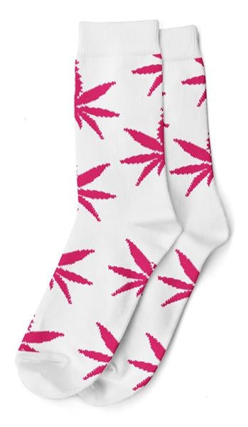 Socken, lang, Damen, Gr. 36-42, weiß mit pinken Hanfblättern