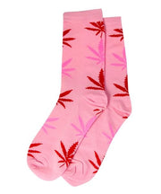 Socken, lang, Damen, Gr. 36-42, weiß mit pinken Hanfblättern
