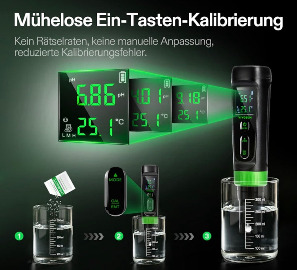 AeroLab Digitales pH Messgerät mit ATC und Sonde, Messbereich 0,00-14,00, hochpräzise und tragbar für Wasser, Nährlösungen, Aquarien und Pools