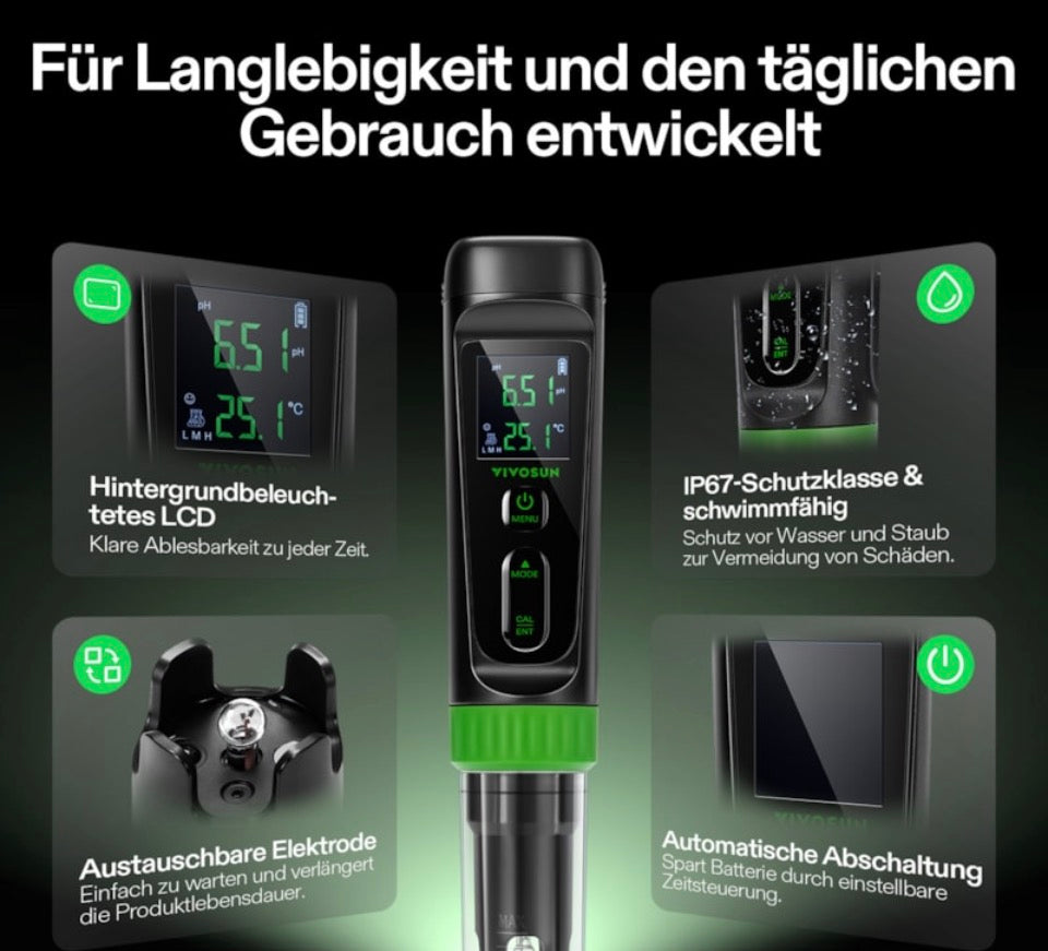 AeroLab Digitales pH Messgerät mit ATC und Sonde, Messbereich 0,00-14,00, hochpräzise und tragbar für Wasser, Nährlösungen, Aquarien und Pools