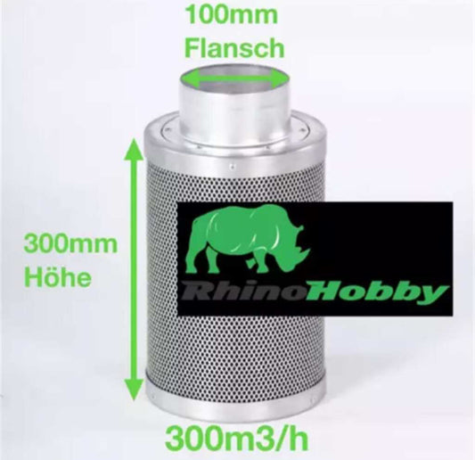 Aktivkohlefilter 100mm x 300mm | Rhino Hobby 225 | 100mm Flansch | 150 - 300m³/h