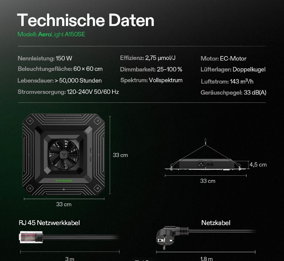 AeroLight A150SE Vivosun Vollspektrum
LED Pflanzenlampe 150W, mit Integriertem Zirkulationsventilator, Kompatibel mit App