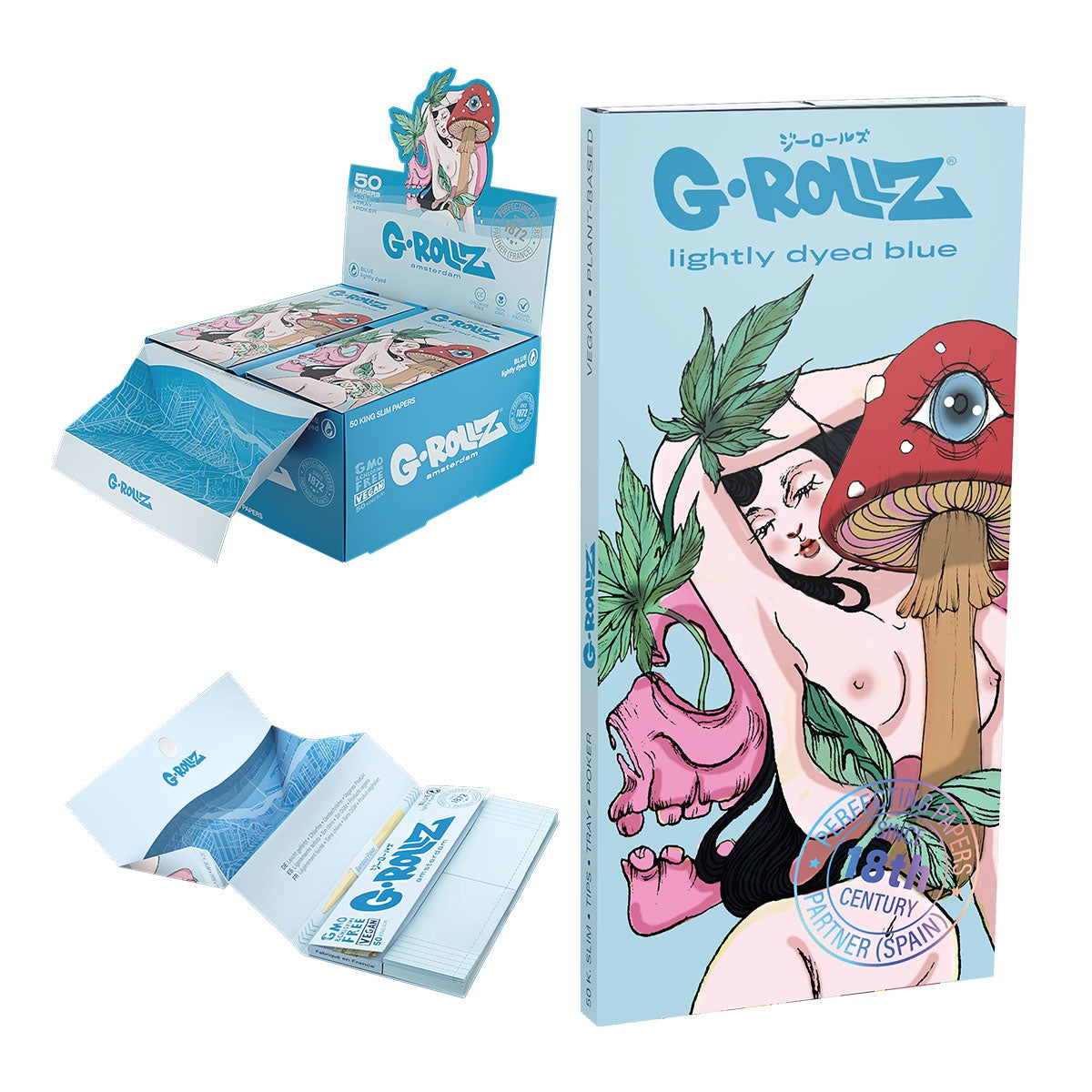 G-Rollz | Collector 'Mushroom Lover' Lightly Dyed Blue - 50 KS Slim Papers + Tips & Tray
