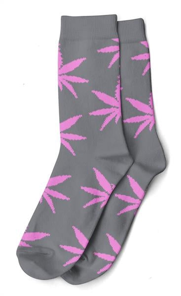 Socken, lang, Damen, Gr. 36-42, grau mit pinken Hanfblättern (12 Paar/Set)