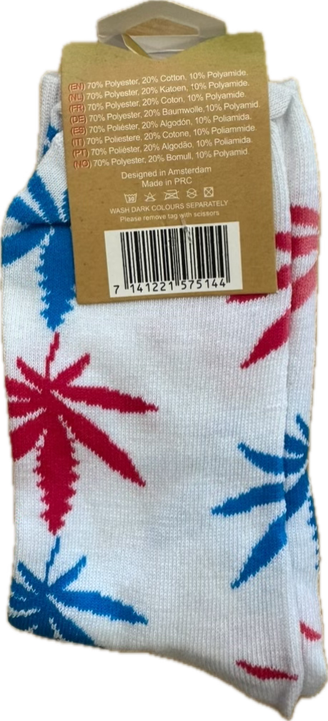 Socken, lang, Damen, Gr. 36-42, weiß mit pinken Hanfblättern