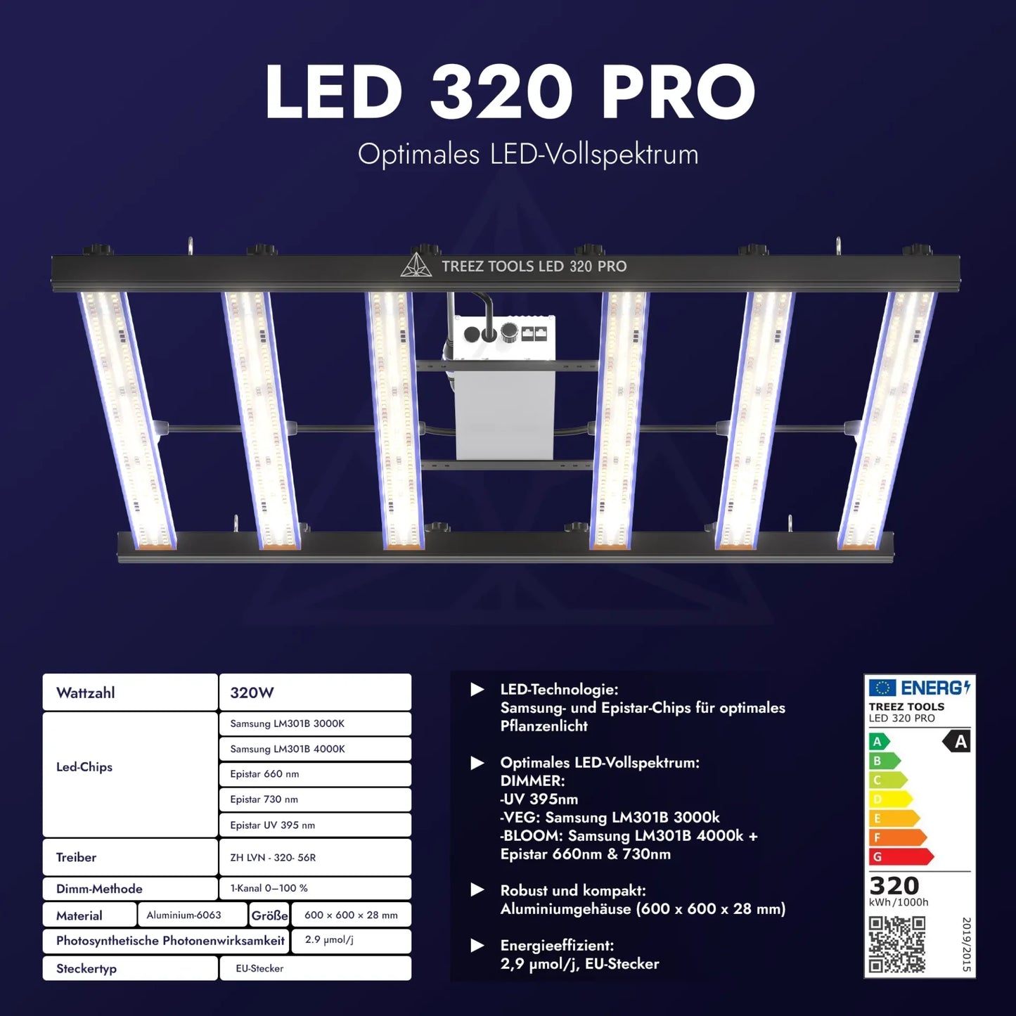 Grow Light LED 320W PRO – Energieeffiziente Vollspektrum LED-Pflanzenlampe