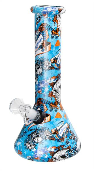 Glas-Bong Beaker Kolbenbong, ca. 25cm, "Blue Skull"