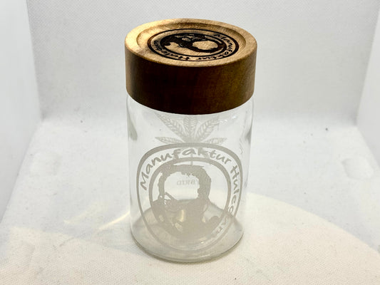 Vorratsglas mit Holzdeckel, Klarglas mit Gravur