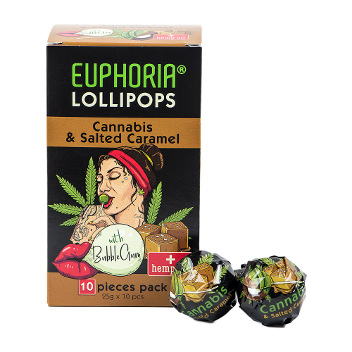 Euphoria Cannabis-Lutscher mit Kaugummi in einer Box mit Cannabis- und gesalzenem Karamellaroma