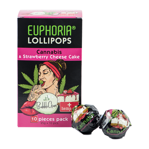 Euphoria Cannabis-Lutscher mit Kaugummi in einer Box mit Cannabis- und Erdbeer-Käsekuchenaromen