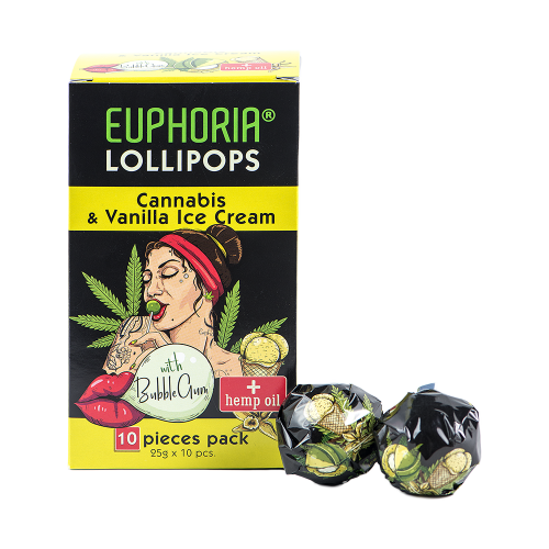 Euphoria Cannabis-Lutscher mit Kaugummi in einer Box mit Cannabis- und Vanilleeis-Aromen