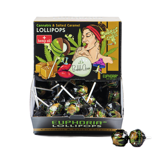 Euphoria Cannabis Lutscher mit Kaugummi im Großpack mit Cannabis- und Salzkaramellaromen