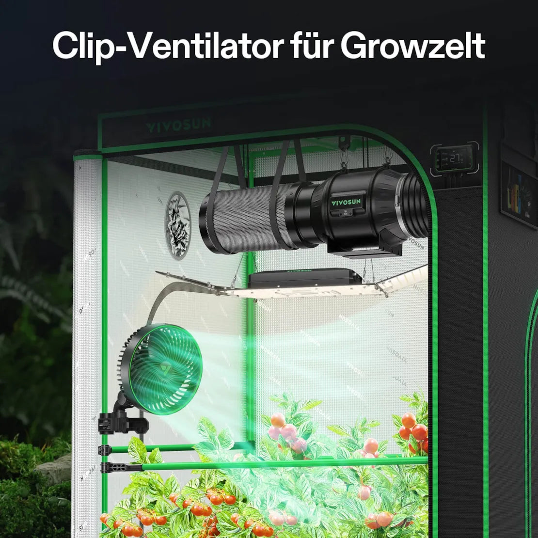 AeroWave E6 Gen2 Clip Fan ( Ventilator ), EC-Motor, mit automatischer Oszillation, Luftzirkulator für die Growbox, Schwarz