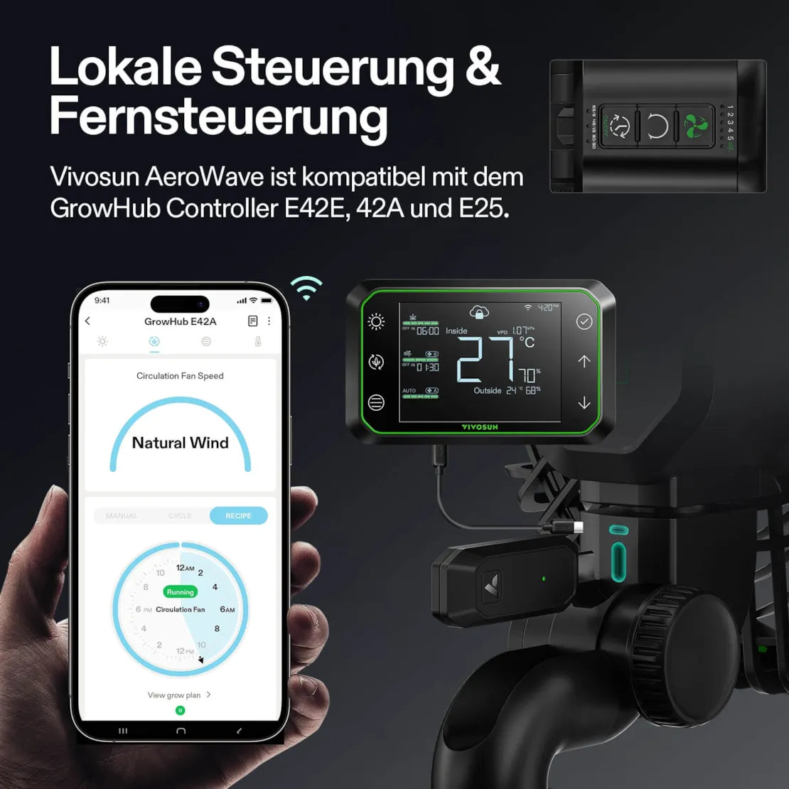 AeroWave E6 Gen2 Clip Fan ( Ventilator ), EC-Motor, mit automatischer Oszillation, Luftzirkulator für die Growbox, Schwarz