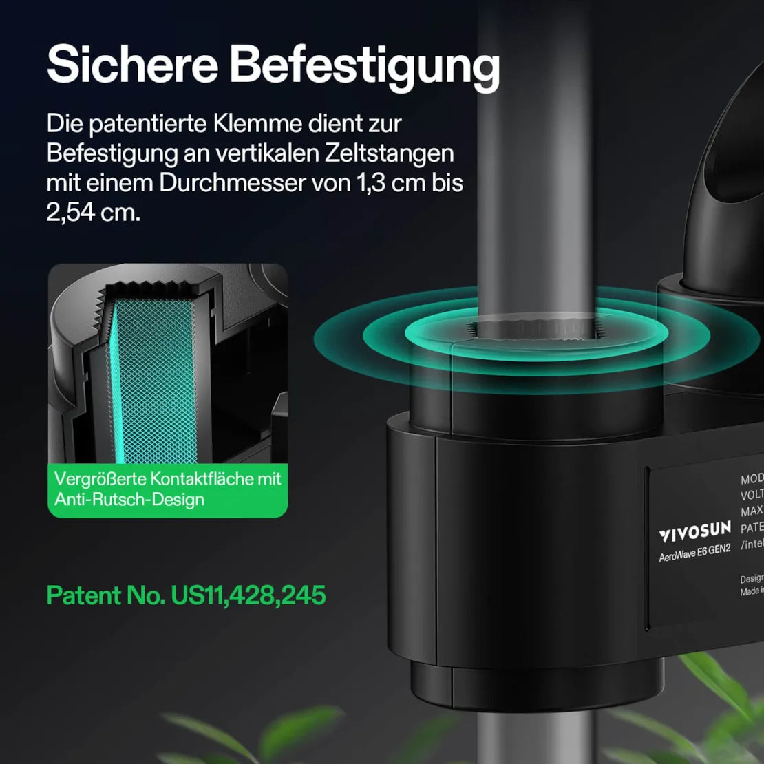 AeroWave E6 Gen2 Clip Fan ( Ventilator ), EC-Motor, mit automatischer Oszillation, Luftzirkulator für die Growbox, Schwarz