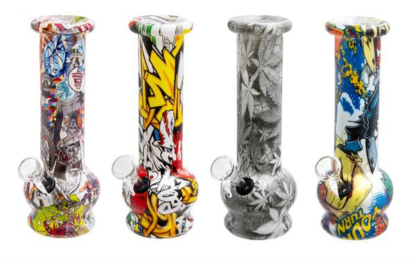 Mini Glas Bong Bubble Straight, 14,8 cm, Glow in the Dark "Comic & Leaves"