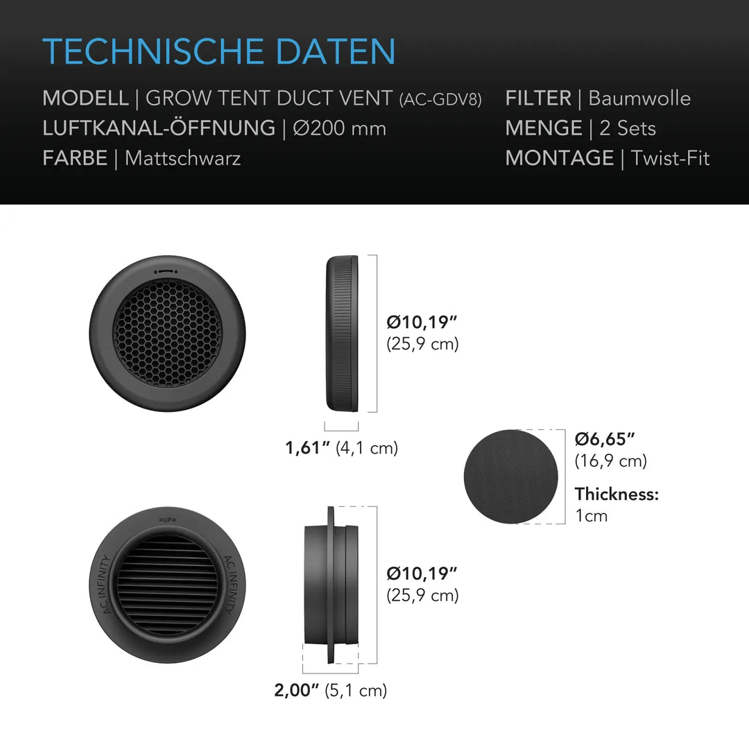 Growzelt Luftkanal-Belüftungsaufsatz, 200 mm 2er-Pack, Lichtblockierend & Staubresistent