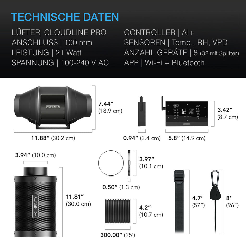 Luftfilter-Set AI+ PRO 100 mm, Inline-Rohrventilator mit Controller AI+ und Aktivkohlefilter
