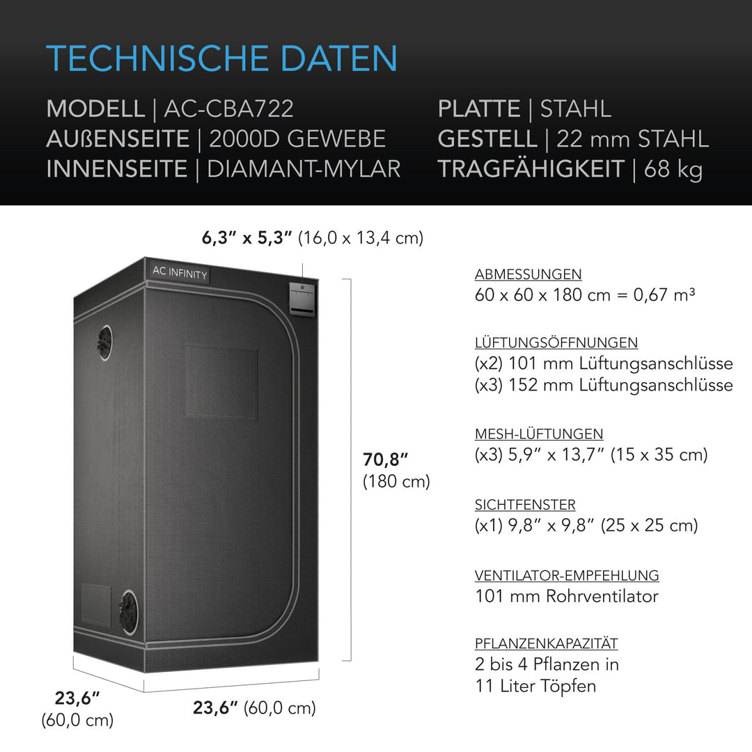CLOUDLAB 722 (Gen 2), Advance Grow-Zelt 60 x 60 x 180 cm, 2000D Diamant-Mylar-Gewebe