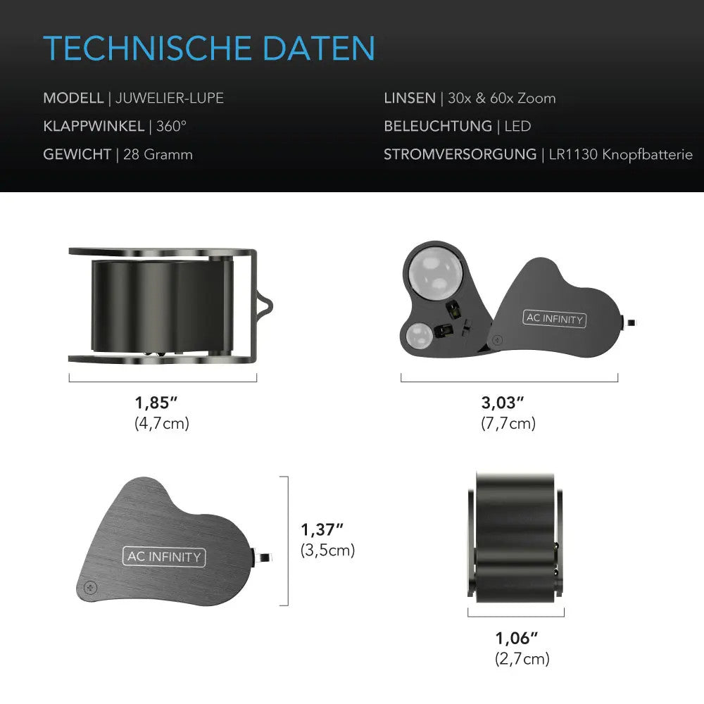 Juwelier-Lupe, Taschen-Vergrößerungsglas mit LED-Licht & Doppel-Linsen