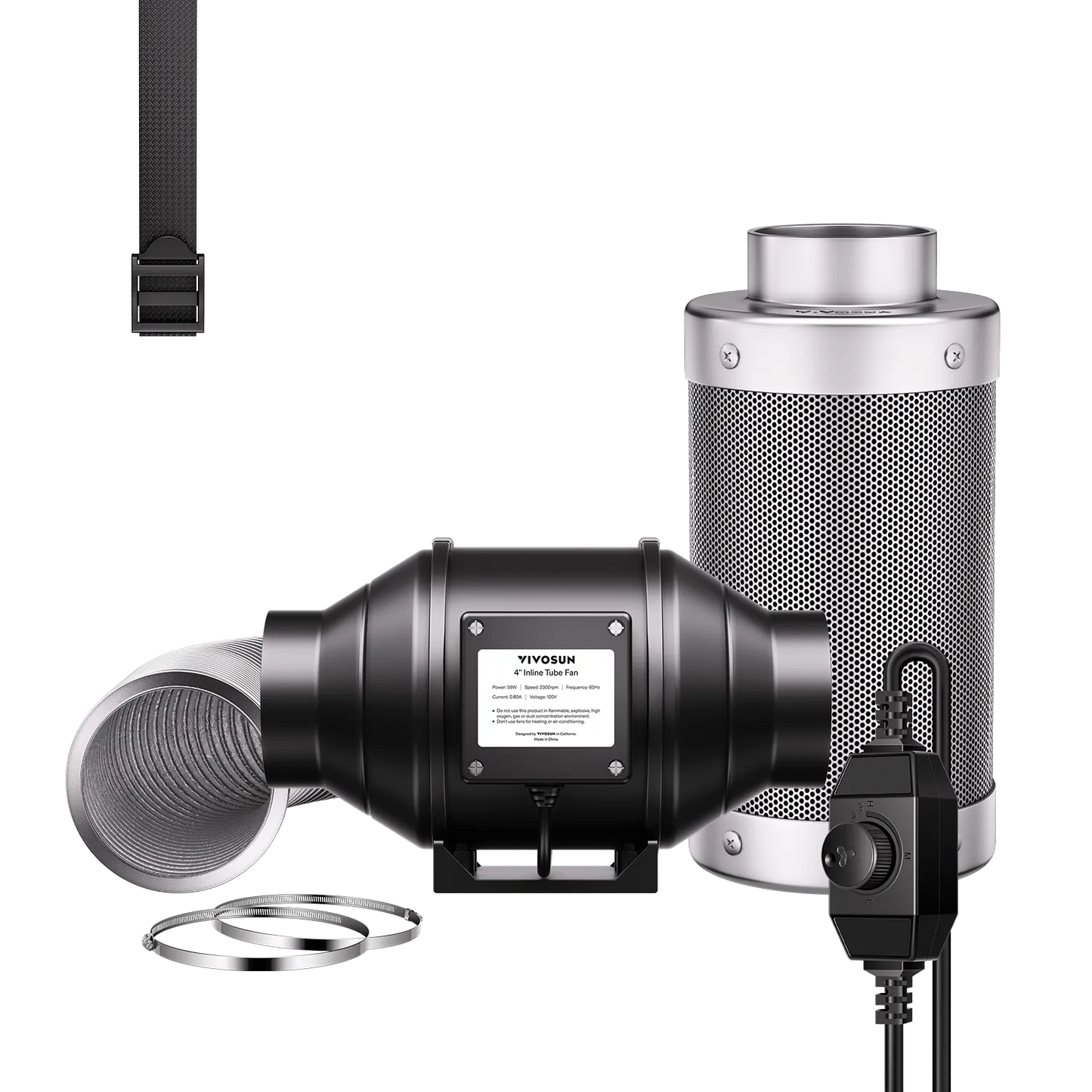 Abluftset R4 10 cm, Rohrventilator R4 mit variablem Drehzahlregler, Kohlefilter und Kanalkombination
