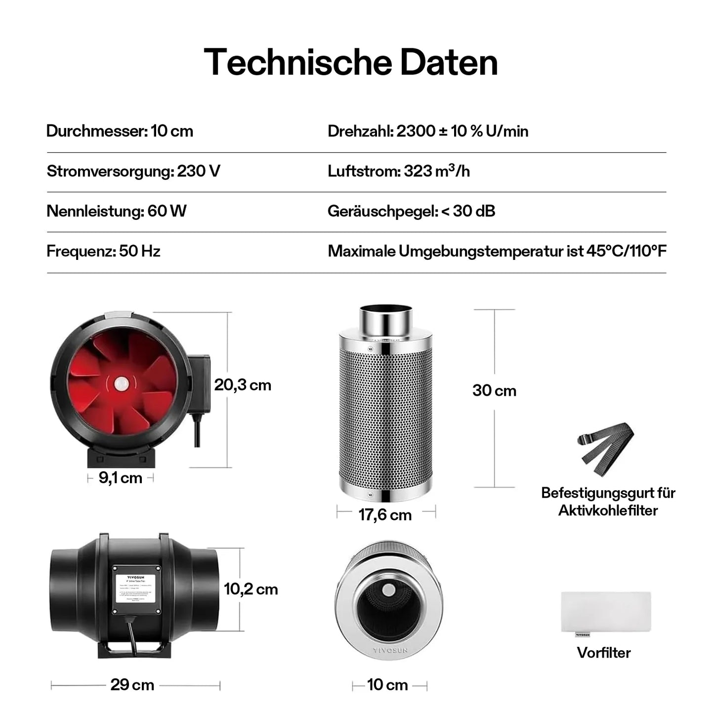 Abluftset R4 10 cm, Rohrventilator R4 mit variablem Drehzahlregler, Kohlefilter und Kanalkombination