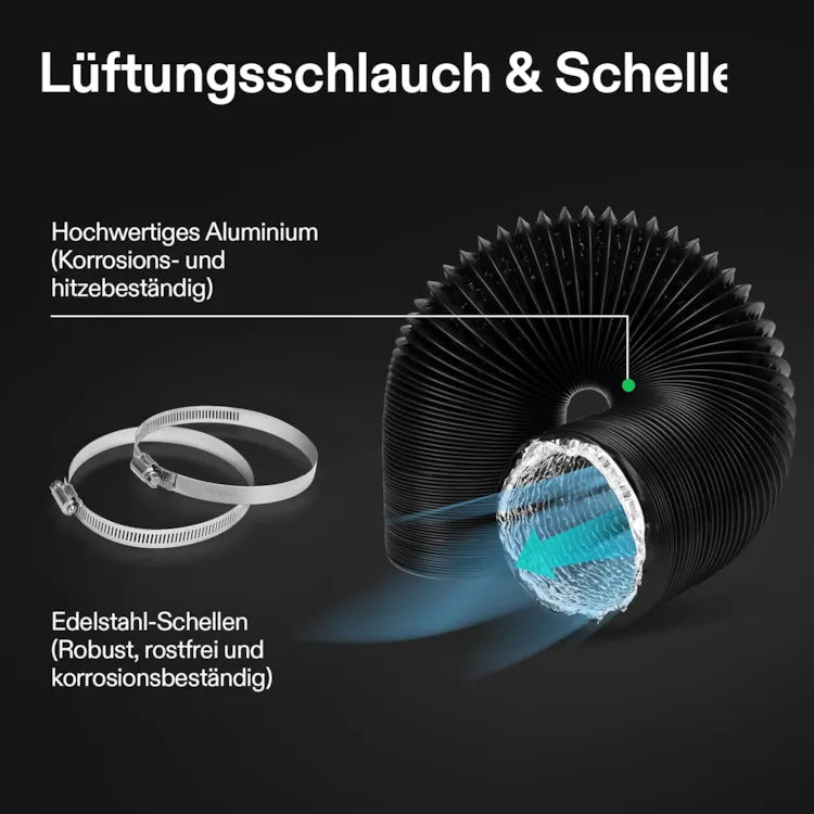 4-Zoll 244 cm schwarze, nicht isolierte Flex-Air-Aluminiumleitung, mit zwei 4-Zoll Edelstahlklemmen