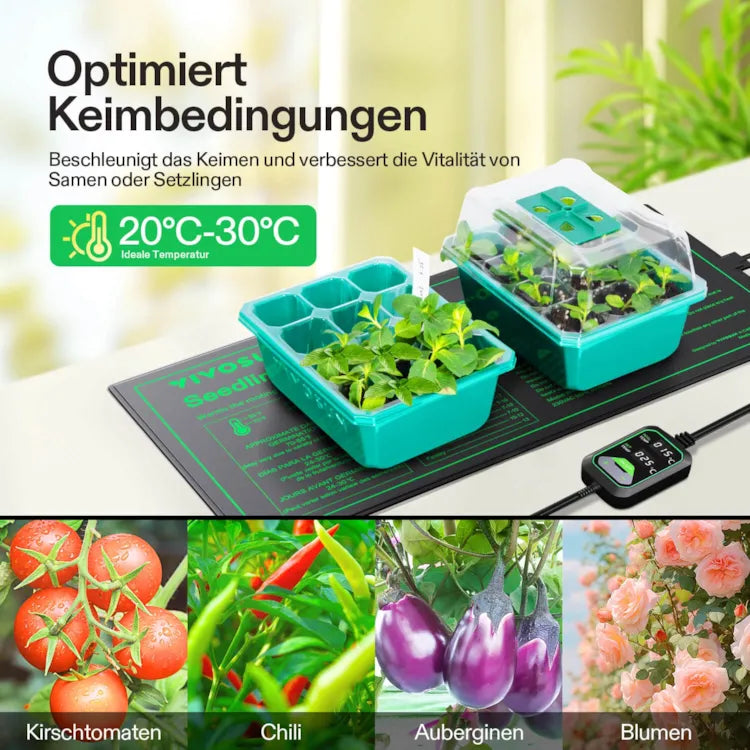 Anzucht-Heizmatte mit digitalem Dual-Display-Thermostat, 25x53 cm schwarze Wärmematte für die Keimung von Samen