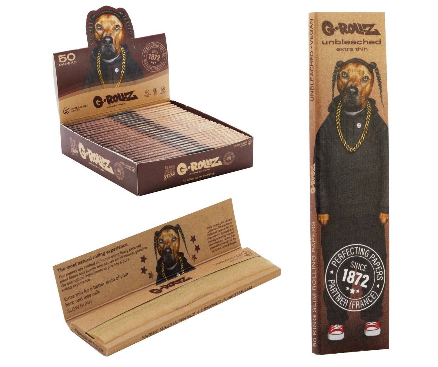 G-Rollz | Pets Rock 'Rap' - Unbleached - 50 KS Slim Papers